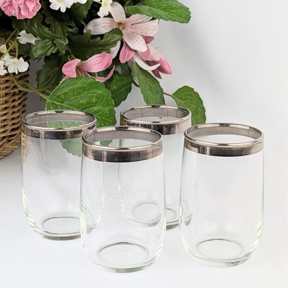 Set of 4 Vintage Silver Rim Roly Poly Juice Glasses Mid-Century Modern Barware